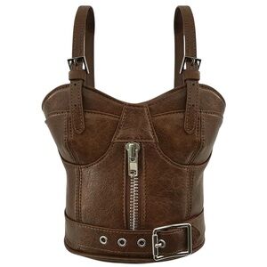 Women’s Bustier Faux Leather Brown Handbag Small Tote Silver Zipper Buckle Rare